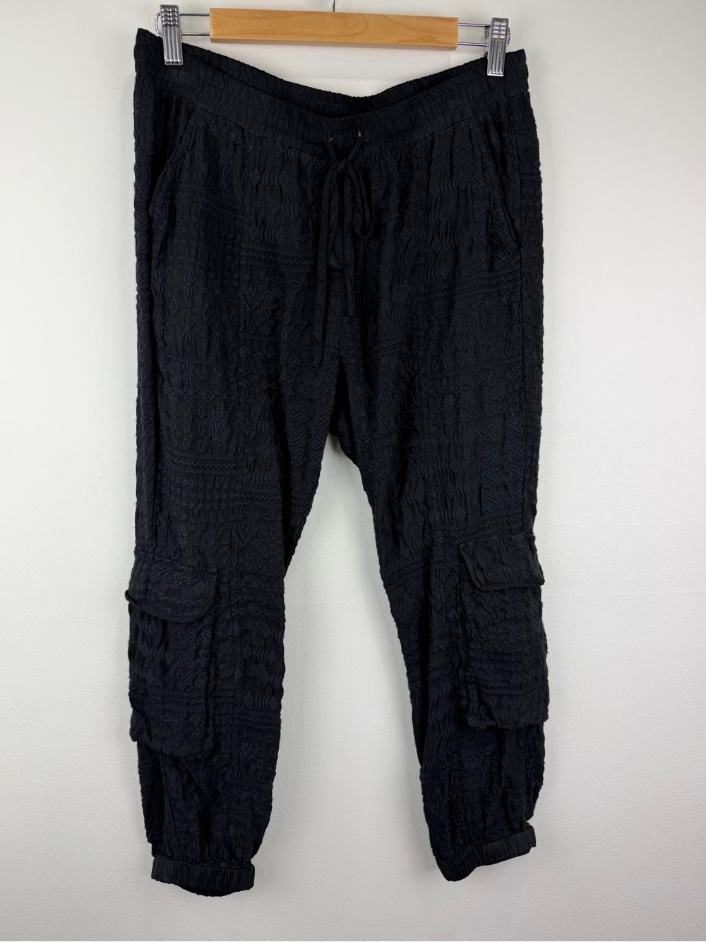 Johnny Was Black Embroidered Cargo Jogger Boho Pants Sz S